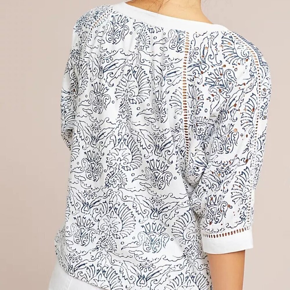 Maeve Anthropologie Ester Eyelet Embroidered Top White Blue XS Extra Small - Picture 5 of 5